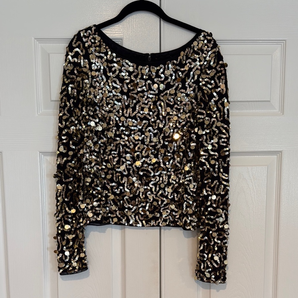 Alice + Olivia Silk Black Sequin Long Sleeve Top